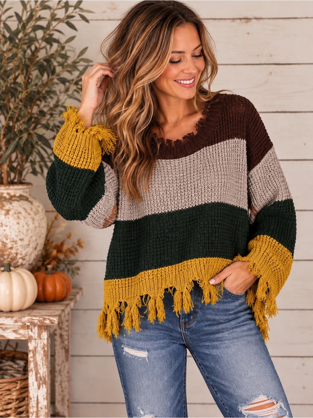 Love Tree Sweater Fringe Knit Boho Fall Large